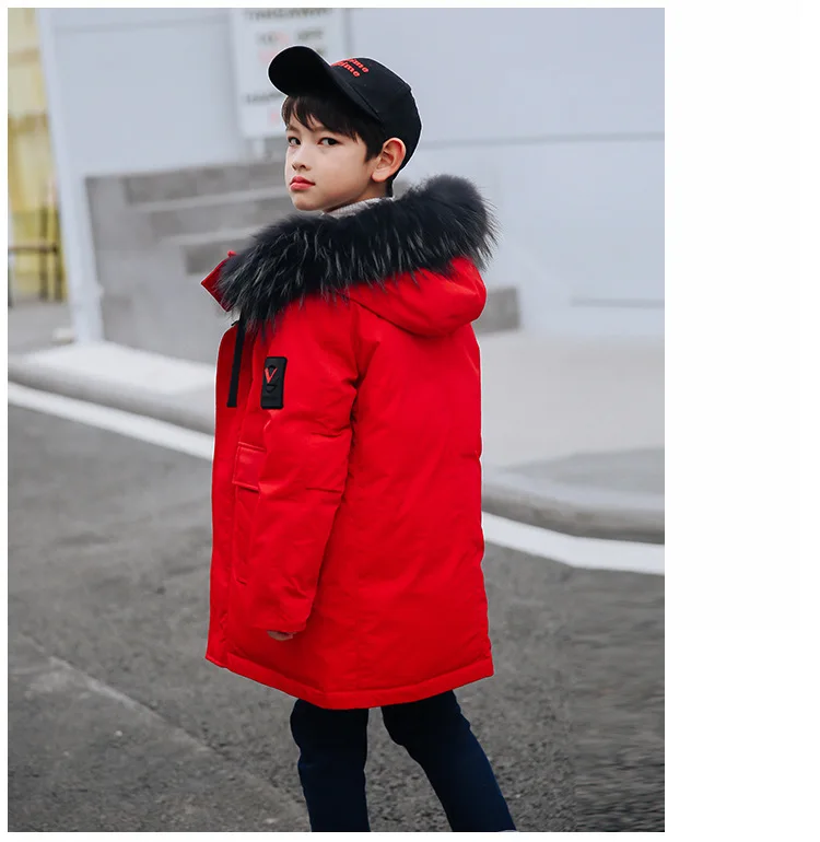 Детские зимние теплые пуховики куртка с меховым капюшоном для мальчиков-подростков до-25 градусов детская утепленная верхняя одежда на утином пуху, пальто