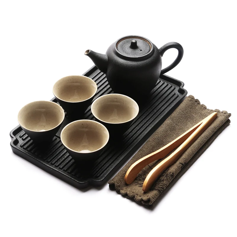 Japanese black pottery portable travel tea set Kung Fu tea suit with teapot teacup tray high grade