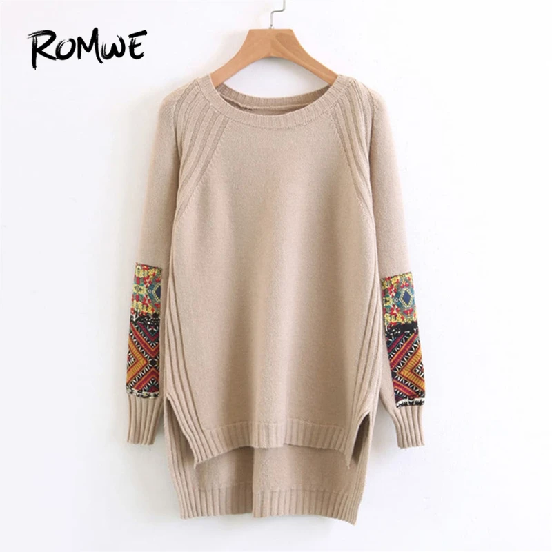 ROMWE Apricot Appliques Patch High Low Sweater Women