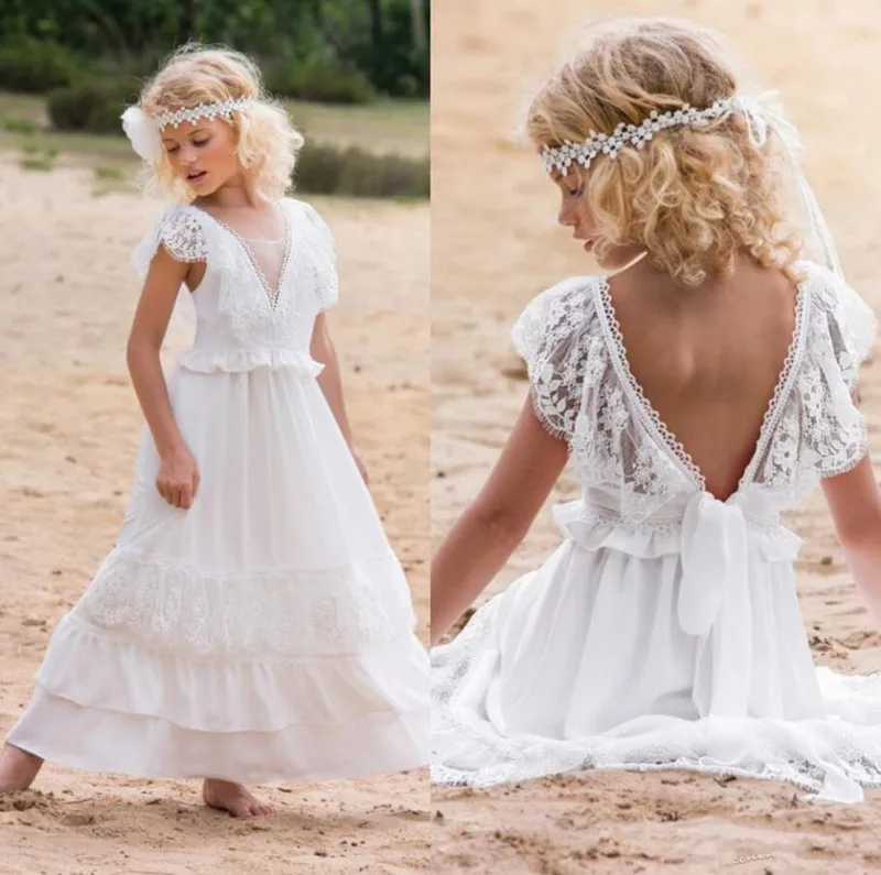 

Newest Bohemia Flower Girl Dress with Cap Sleeves For Summer Wedding V-Back Lace Girls Prom Dresses Any Size and Any Color Longo