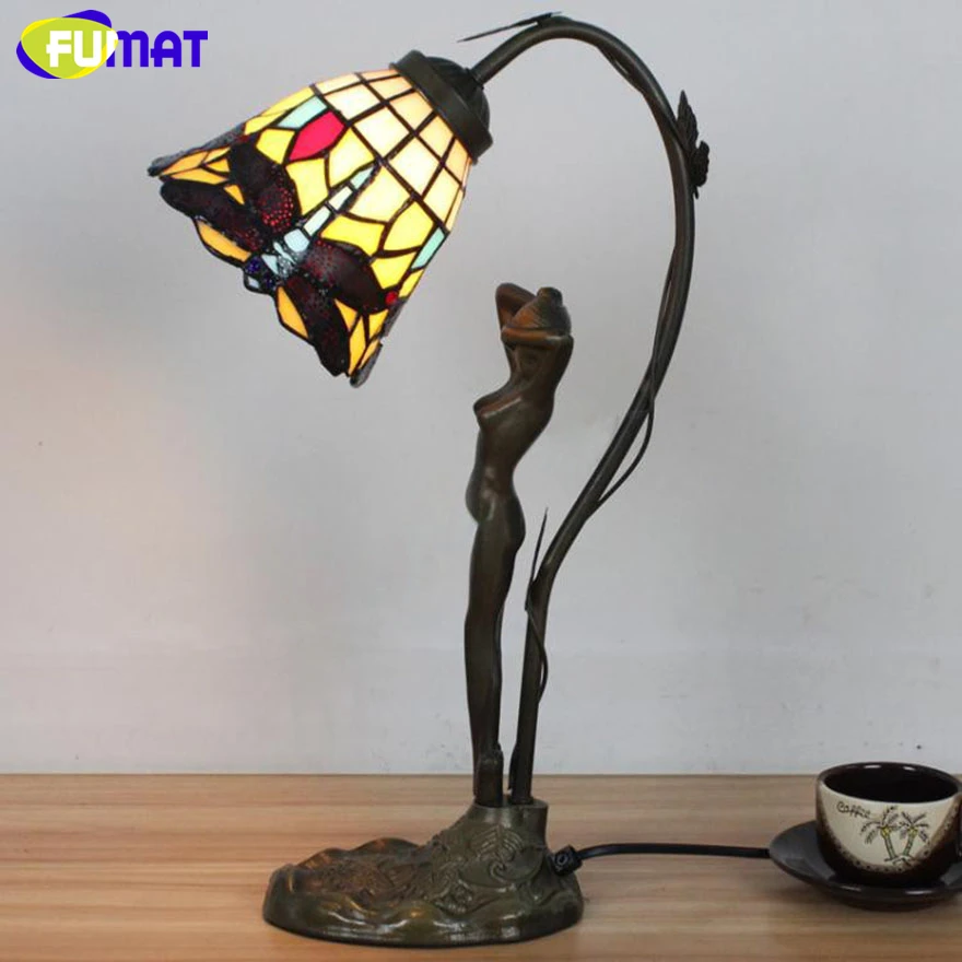 FUMAT Tiffany Stained Glass Desk Lamps Girls Gift Grape Rose Dragonfly Pearl Morning Glory Pattern Table Night Lights  34.