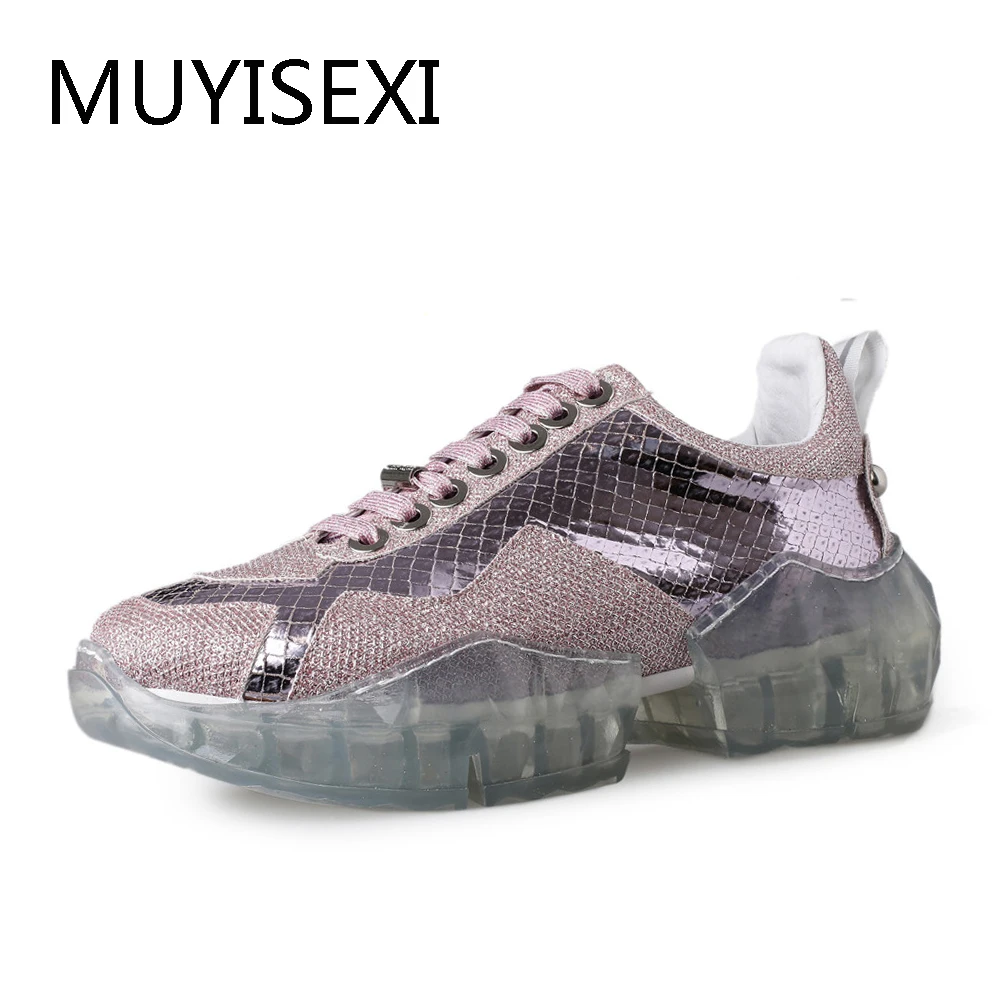 

Glittering Pink Silver Flat Platform Leisure Sports Sneakers Casual Genuine Leather Women Shoes Drop Shipping HB05 MUYISEXI