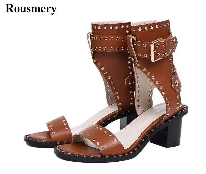 

Rousmery Fashion Rivet Studded Gladiator Summer Boots Open Toe Buckle Strap Chunky Heel Cutout Sandals Short Boots Women