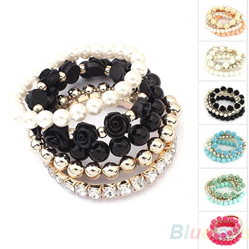 

Acrylic Rose Flower Round Faux Pearl Shining Rhinestone Crystal Elastic Charm Bracelet for Women Female 06NK