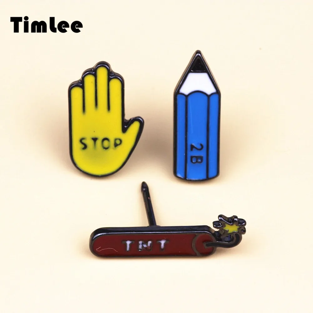 Timlee X088 BDNew Oil Drop Cute Stop Hand TNT Pencil Metal Brooch Pins Button Girl Jeans Bag Decoration Gift Wholesale | Украшения и