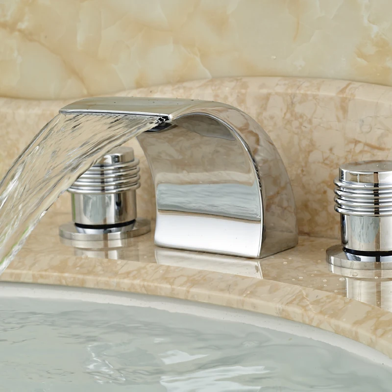 

Deck Mount Curved Spout Basin Sink Faucet Waterfall Bathroom Tub Sink Mixer Taps Chrome Finish Dual Handles