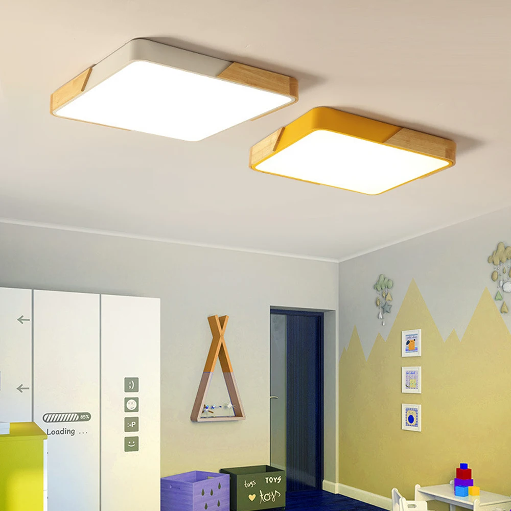 

Square Wooden LED Ceiling Lights With Remote Control Macaron color Ceiling Lamp For Living Room Dining Kitchen Lighting Fixtures