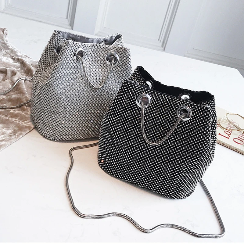 

SEKUSA Bucket Soft Women Diamonds Evening Bags Fashion Luxurious Chain Shoulder Handbags Crystal Party Clutch Bag