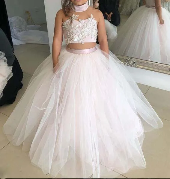 Розовое Пышное фатиновое бальное платье с кружевной аппликацией, платье с цветочным узором для девочек, платье для первого причастия на свадьбу