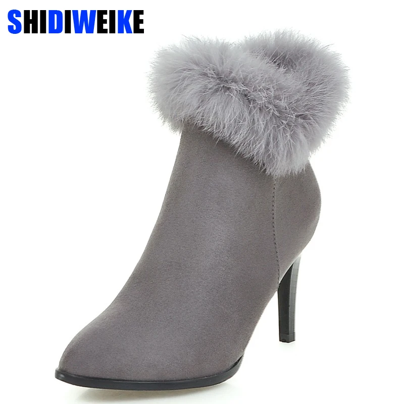 

new Fashion 2019 Pointed Toe Leather Ankle Boots Women Shoes BlackGray Rabbit Fur Winter Boot Plus Size 34-43 n214