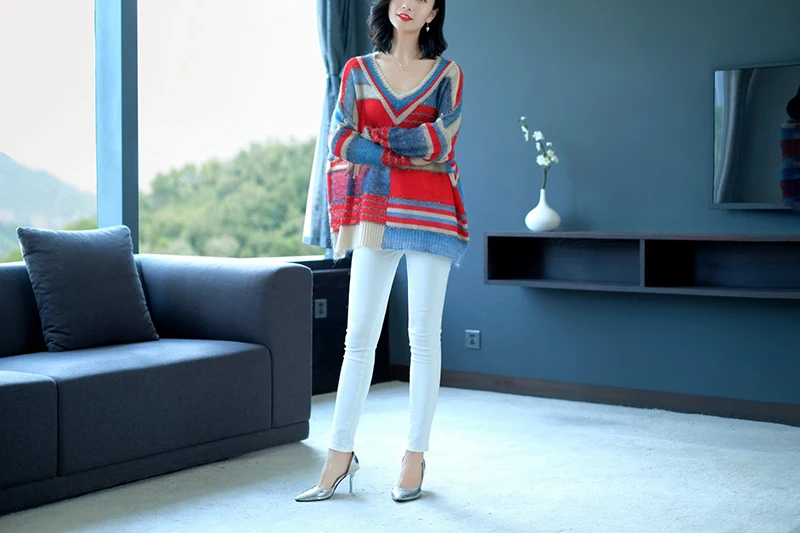 YISU вязаный шерстяной свитер для женщин с v-образным вырезом Модные Цветные мохеровые пуловеры женский Свитер оверсайз женский пуловер Повседневный свитер