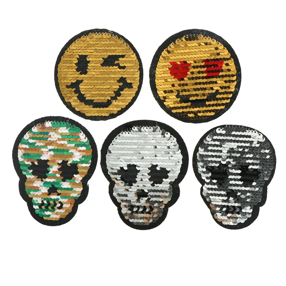 

Smiley Face Skull Bone Sequins Applique Patches DIY Crafts Sew On Change Color Bag Clothes Patch 1PC Reversible