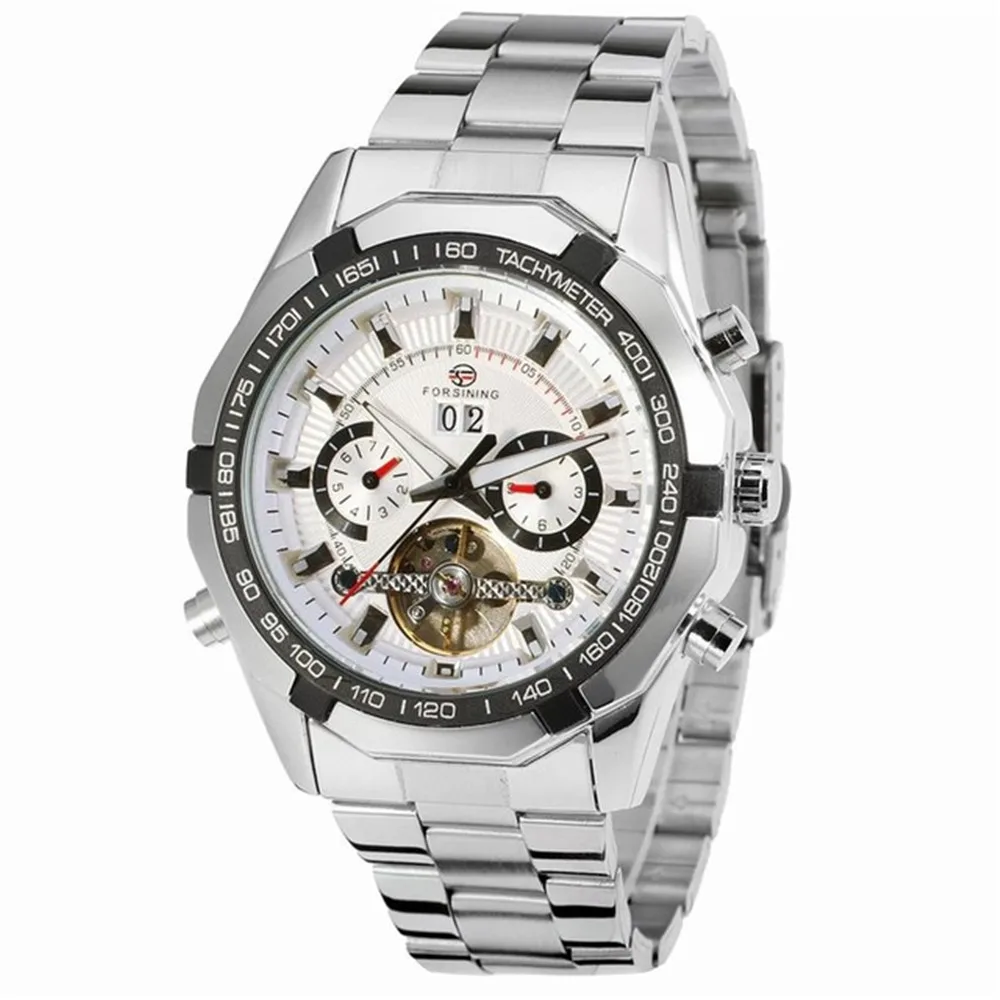 

Forsining Tourbillion Watch Date Calendar Display Automatic Mechanical Sport Military Silver Stainless Steel Mens Wrist Watches
