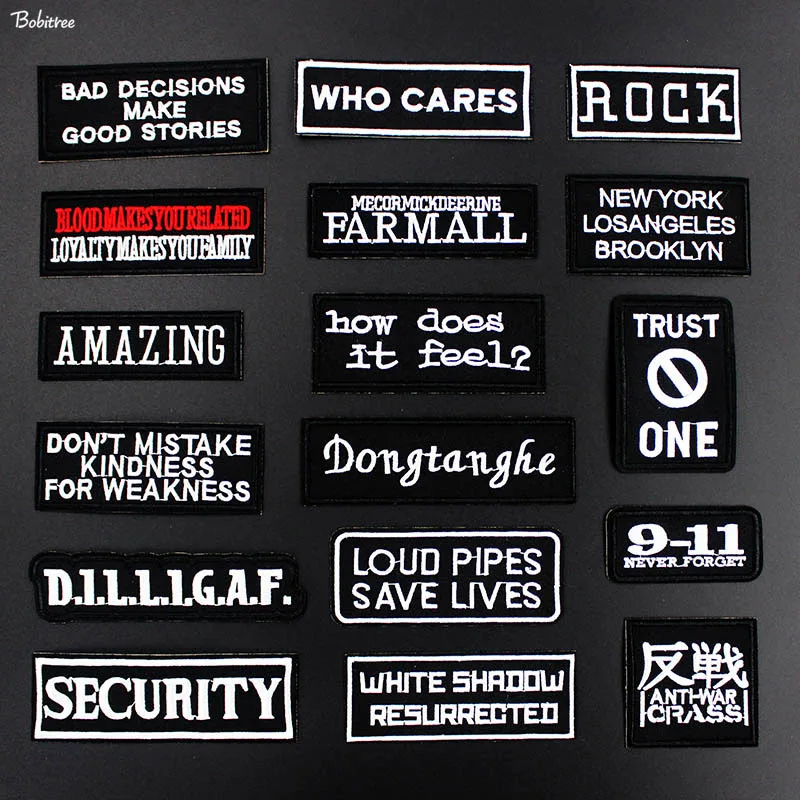 

Punk Black White Words Slogan Patches for Cloth Embroidered iron on Badge Labels Sticker for Jacket Jeans DIY Decoration