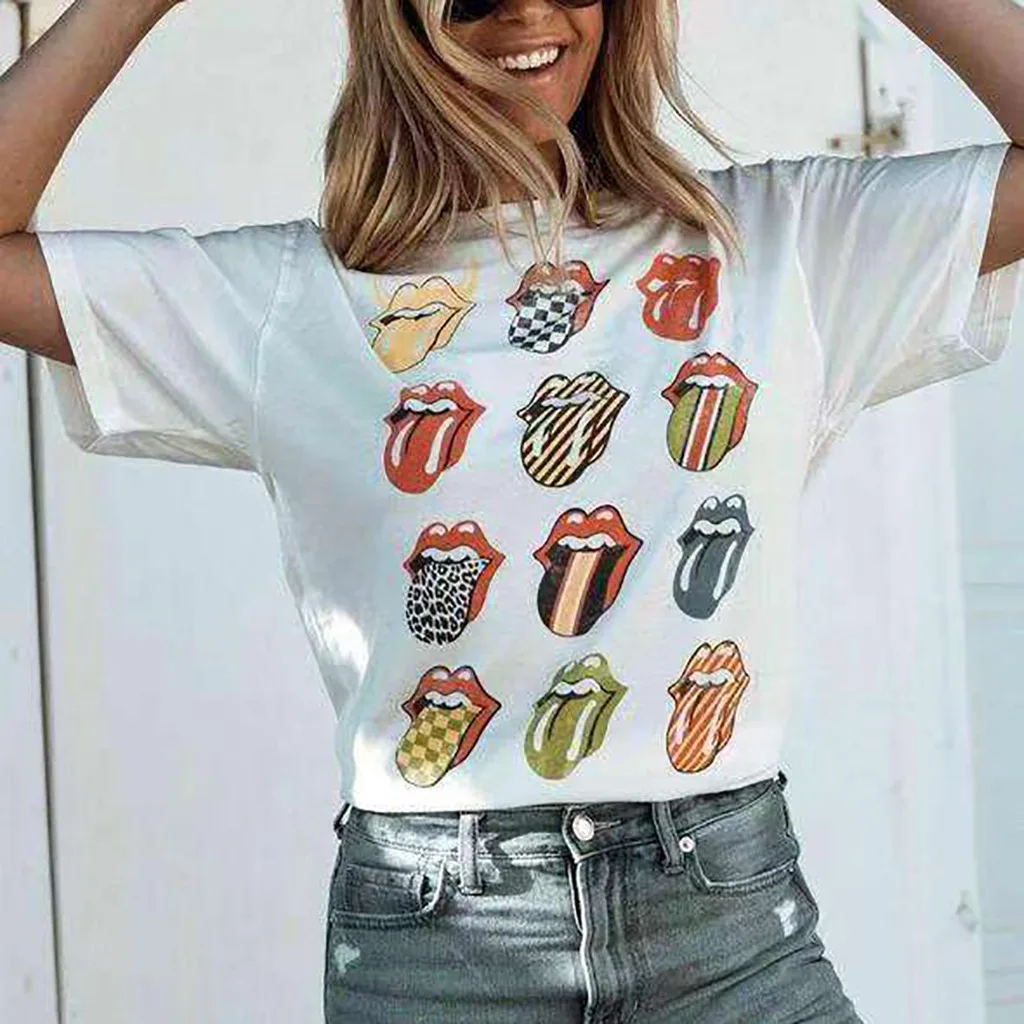 مضحك كبيرة اللسان T قميص القطن T قميص إمرأة قصيرة الأكمام الأبيض تي شيرت الصيف المحملة فتاة الهيب هوب التي شيرت قمم المتناثرة # ERT45