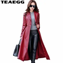 TEAEGG Длинная кожаная куртка женская парка осенне-зимнее пальто женские винно-красные Куртки из искусственной кожи парка кожаные куртки Mujer AL135