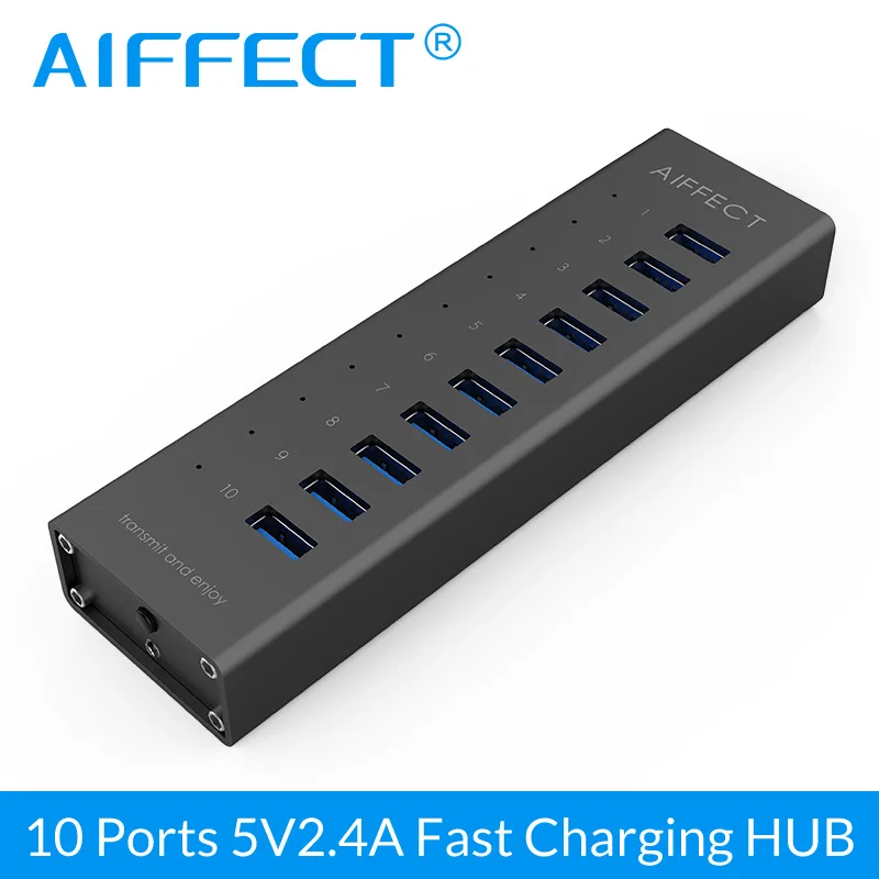 

AIFFECT New Mac Design 10 Ports USB HUB 3.0 12V 2A Supper Speed BC1.2 with 1M Data Cable for Notebook Desktop PC -Black/Silver