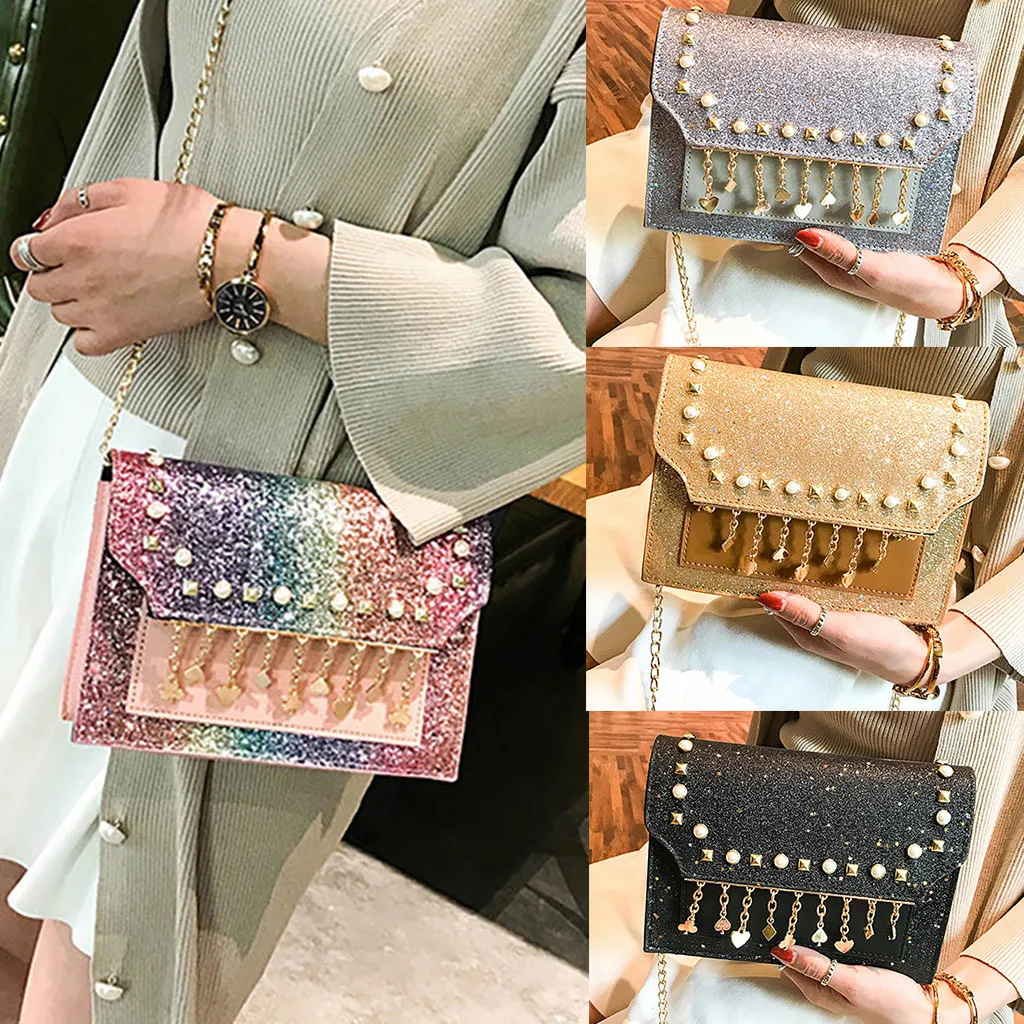

2019 Women Sequin Bags Chain Colorful Rivet Cover Mini Small Square Bag Wild Quality PU Shoulder Messenger Bag Borse Da Donna