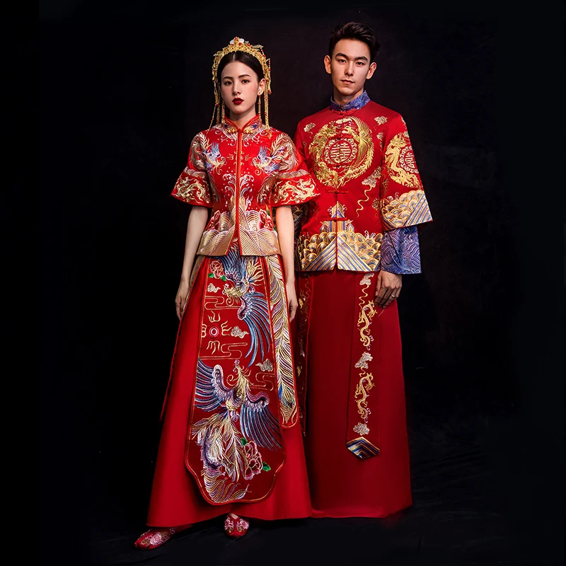 Skup Klasyczny stójka Cheongsam małżeństwo garnitur haft Phoenix chińskie wesele sukienka tradycyjny Qipao starożytny Vestidos