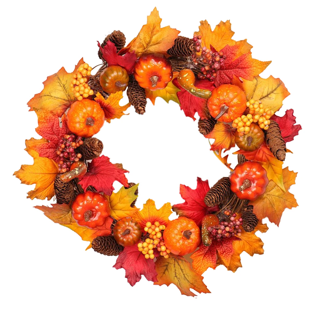 Fall Front Door Wreaths 18 Inch Pumpkin Harvest Wreath Autumn Mum Wreath Silk Maple Leaves For Thanksgiving Day