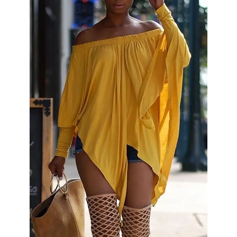 

Fashion 2018 Autumn Women Irregular Hem Tops Slash Neck Batwing Sleeve Loose Tees Fashion 4 Colors Off-Shoulder T-Shirt