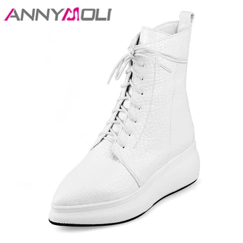 

ANNYMOLI Women Boots Winter Ankle Boots Lace Up Flat Platform Heel Short Boots Zipper Pointed Toe Shoes Ladies Spring Size 34-39