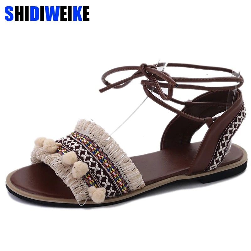 

Women Ankle Strap Flat Sandals Open Toe Flat Sandals Fringe Cross-Tied Bohemian Style Sandals Para Mujer m723