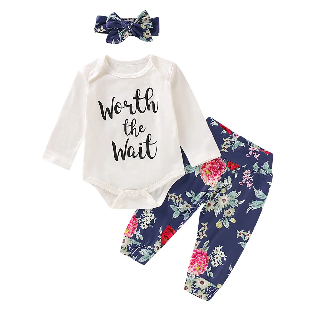 Комплект для новорожденных, комбинезон с буквенным принтом для маленьких девочек, топы, штаны с цветочным рисунком наряды для волос, осень, одежда для маленьких девочек - Цвет: White