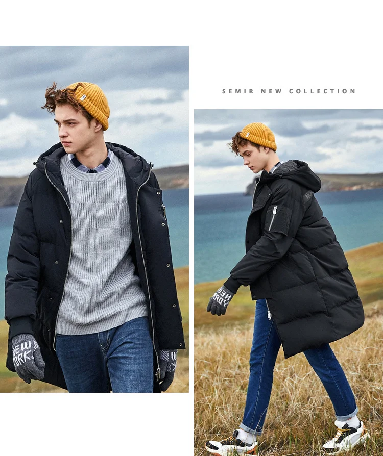 SEMIR мужское стеганое пуховое пальто с капюшоном и карманом, пуховое пальто с капюшоном на подкладке, застежка-молния и застежка-защелка на спине, ребристые манжеты