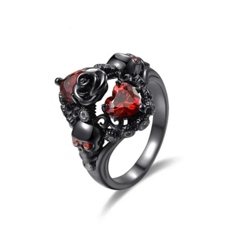 Gothic Skull Finger female wedding rings For Women Girl Red Heart Crystal CZ Rose Flower Trendy Jewelry Gift | Украшения и