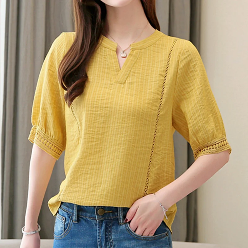 

2019 New Fashion Summer Women Blouses And Tops Short Sleeve V Neck Shirt Chiffon Hollow Out Striped Loose Casual Clothing Blusas