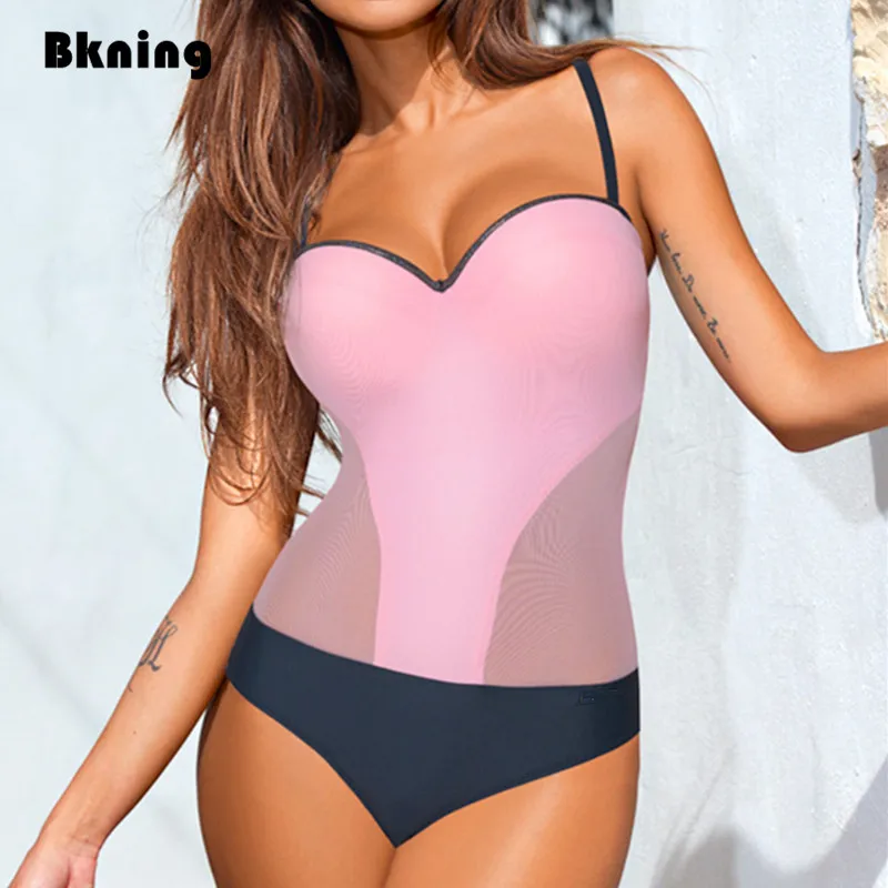 Bkning, розовый купальник, сдельный купальник, большой размер, без бретелек, Badpak, женский купальник, закрытый купальник, трикини,, красный, для плавания, сетка, 2XL - Цвет: Pink