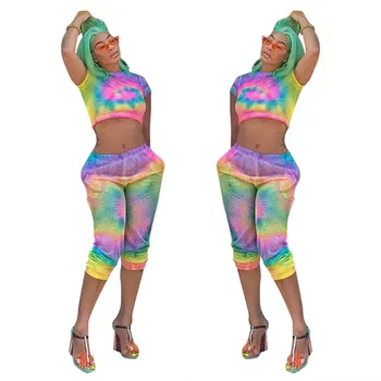 

Sexy Round Neck Crop Top And Long Pants Suit Two Piece Set Women Summer Tie Dye Print Short Tee Grid Tracksuit