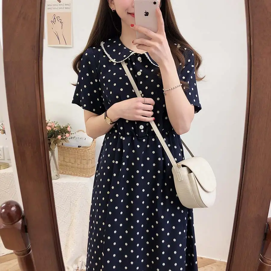 

Plus size New Summer Dress Girls Boho Party Female Vintage Dress Print Blue dot collar Short Sleeve Women Dresses Robe Vestido