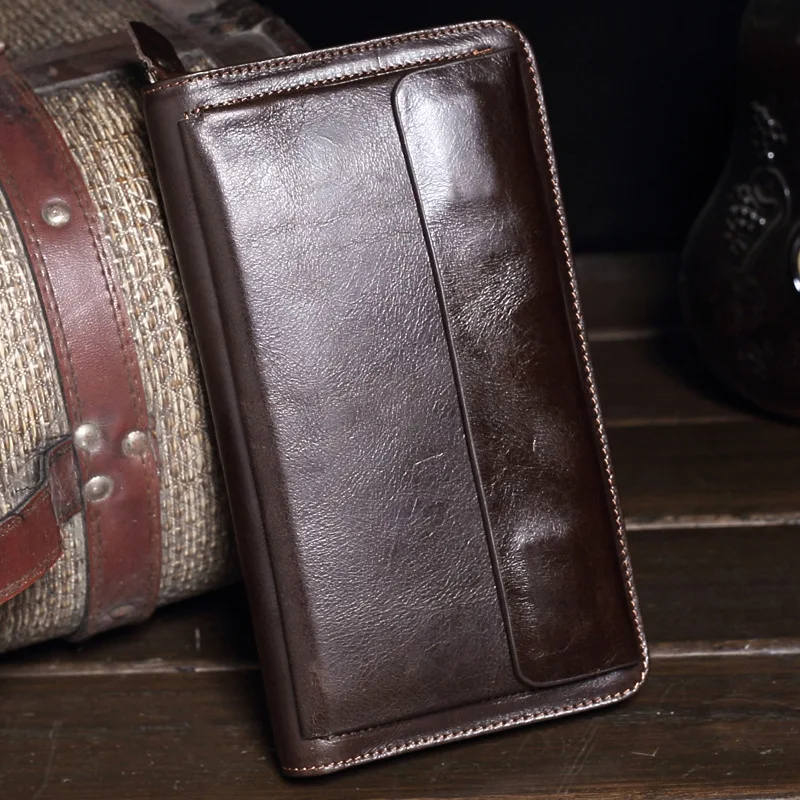 

Retro Men Genuine Leather Wallet Male Vintage Cowhide Multi-function Clutch Man Natural Leather Casual Solid Zipper Purse MS9036