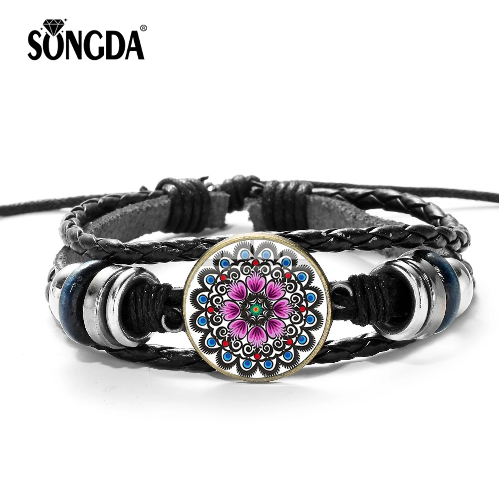 

SONGDA New Artist Polish Folk Pattern Leather Bracelet Genuine Leather Multilayer Glass Cabochon Charm Wristband Bracelet Bangle