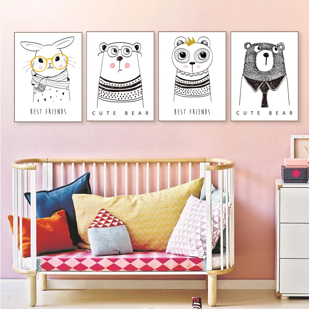 Nordic-Kawaii-Cartoon-Animal-Deer-Bear-Rabbit-Poster-A4-Baby-Kids-Roossm-Wall-Art-Print-Picture 