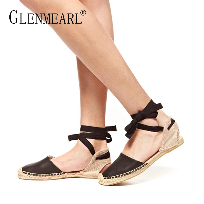 

Genuine Leather Women Sandals Straw Summer Shoes Brand Lace-up Gladiator Flat Sandals Woman Casual Driving Shoes Fisherman DE