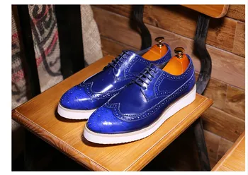 

Genuine Leather Men Spring Summer Fashion Pointed Toes Breathable Lace Up Mixed Color Carved Trend Thick Bottom Retro Dress Shoe
