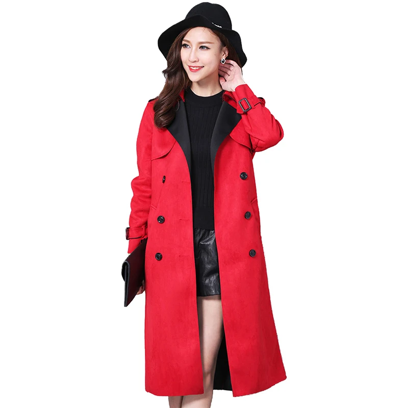 

Spring Autumn Fashion Buckskin Suede Trench Coat Women Long Coat Plus size S-6XL Windbreaker Female Double-breasted Trench A2841