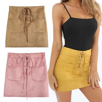 

U-SWEAR Women Denim Skirts Bandage Suede Fabric Sexy Skirt Summer Harajuku Elastic Short Skirts Faldas Mujer Moda
