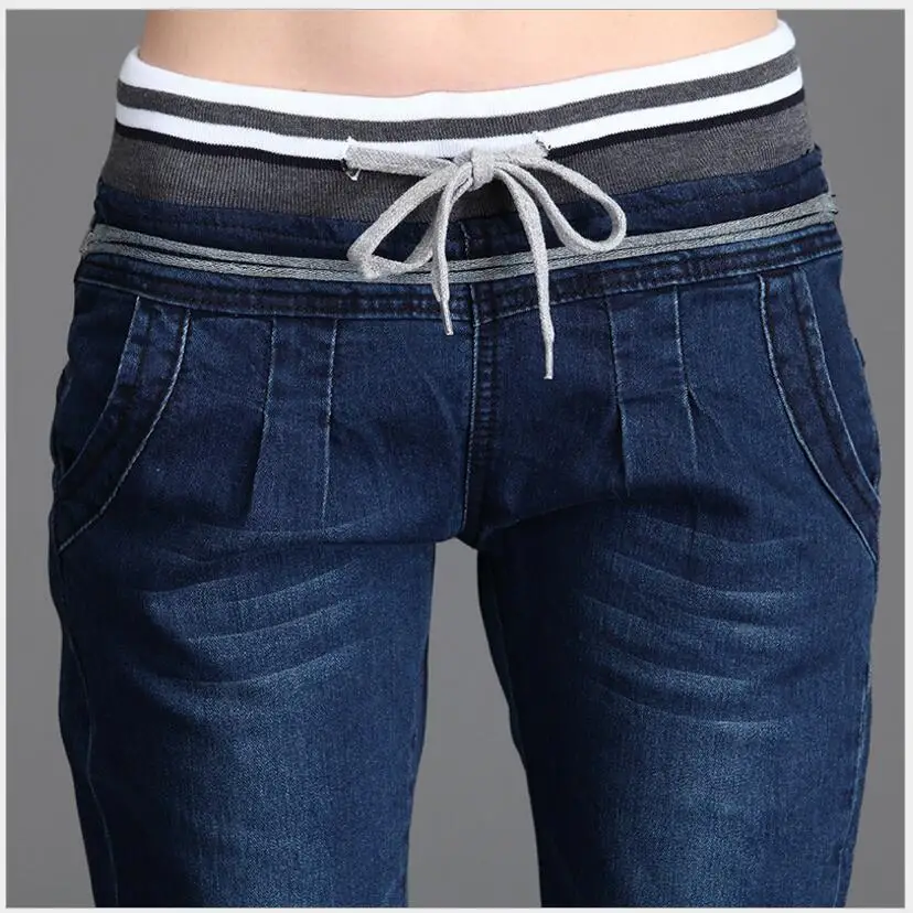 Осень Slim Fit Длинные джинсы лагер Размеры брюки с эластичной резинкой тонкие, ребристые Повседневное ремень Для женщин джинсы синий
