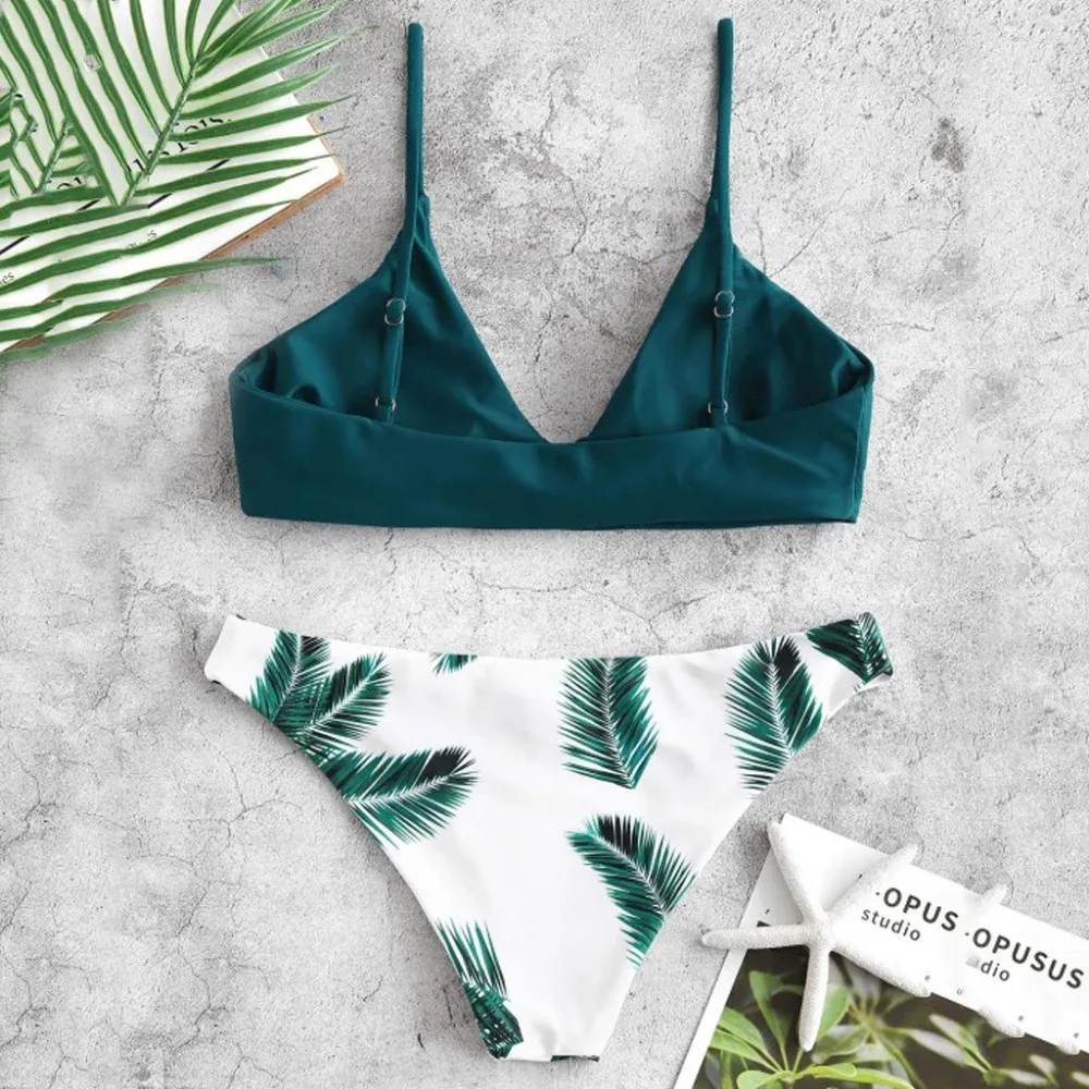 2019 Woman sexy solid color leaf print fresh split swimwear bikini set Brazilian beach swimming push up mujer brasile 40M29 (14)