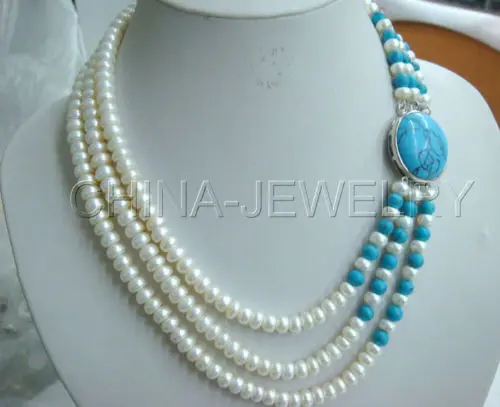 

shipping 17-19" 3row 8mm white freshwater pearl and turquoise necklace