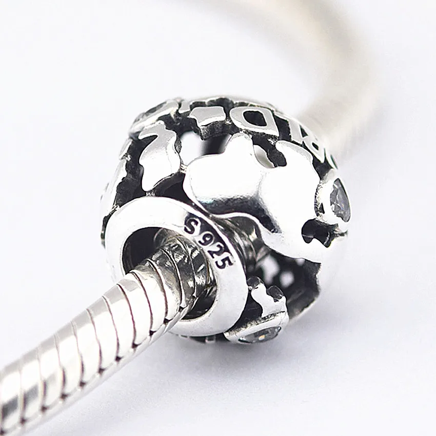 

Beads for Jewelry Making 100% 925 Sterling Silver All around the world openwork charm with Clear Cz Fit Bracelet Diy PF243