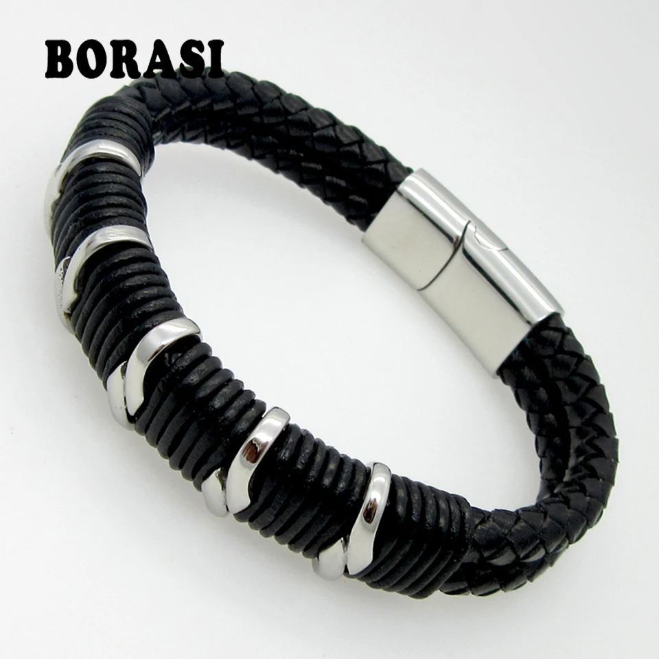 

Fashion Handmade Vintage Bracelet British Style Stainless Steel Accessories Strap Genuine Leather Bracelet Punk Men Bracelets