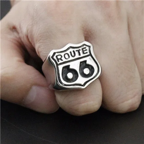 Route 66 Black Biker Ring USA Punk Motorbike Gothic Unisex 316L Stainless Steel 