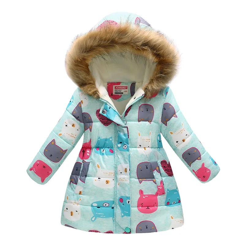 Winter Fashion Warm Cotton Printed Child Long Coat Fur Collar Baby Girls Jackets Children Outerwear For 3-12 Years Old