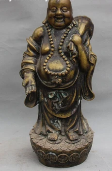 

006370 16" Old Chinese Bronze Wealth Happy Laugh Maitreya Buddha Hold Money Bag Statue