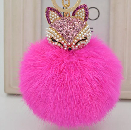 

Cute Big Real Rabbit Fur Ball Key Chain Rhinestones Pearl Fox Bag and Car anime Keychain Key Ring Jewelry Bag Charms